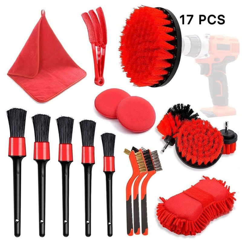 17pcs Red Drill Soft Brushes Set Car Detailing Brush para lavagem de pneus de carro