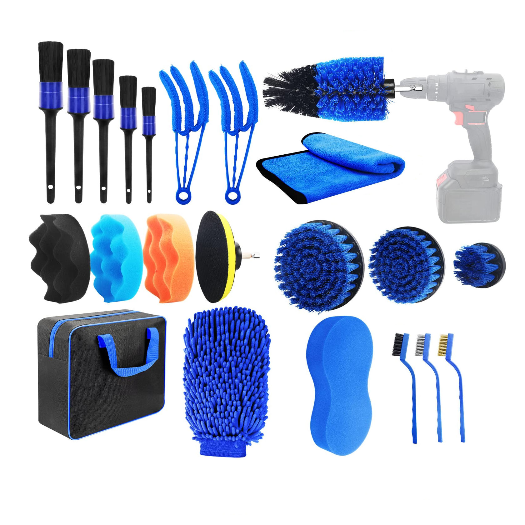22pcs Car Drill Clean Brush Attachment para lavagem interior de pneus de carro