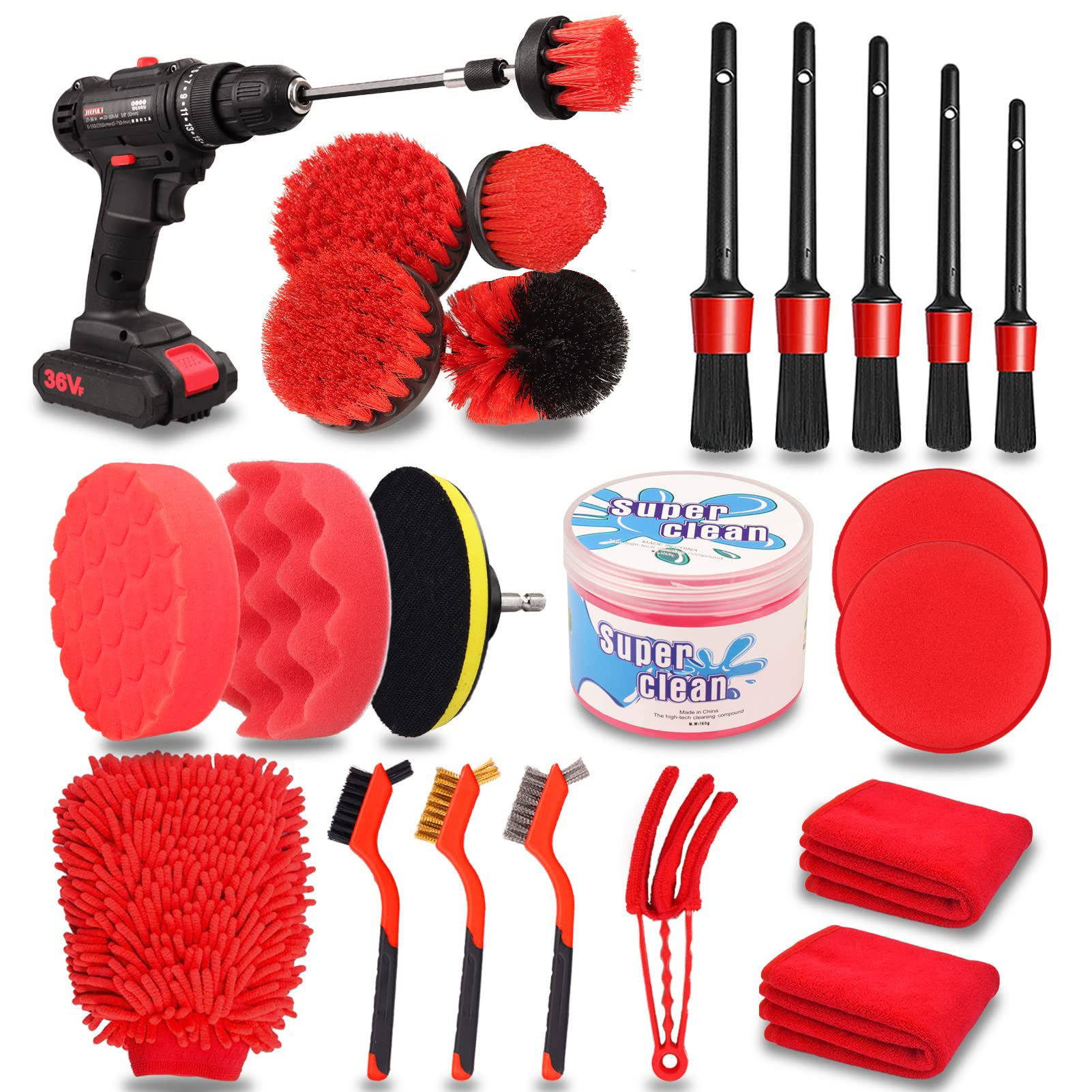 24 Pcs Car Detail Brush Set Wash Kit Com Gel de Limpeza Para Interno Externo Roda Painel