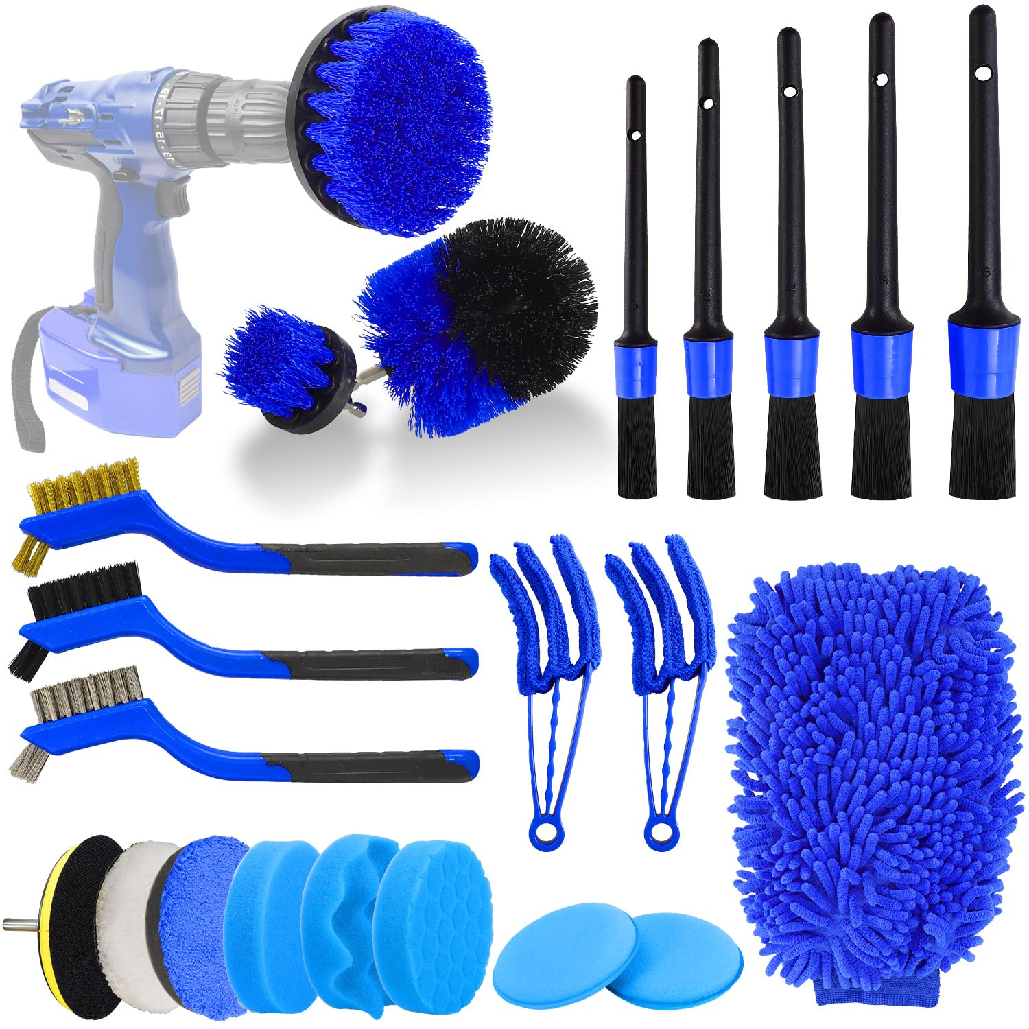 22 Pcs Kit de detalhamento de automóveis escovas Set de limpeza interior com furador automático escova macia anexo borracha esponja almofadas de polimento