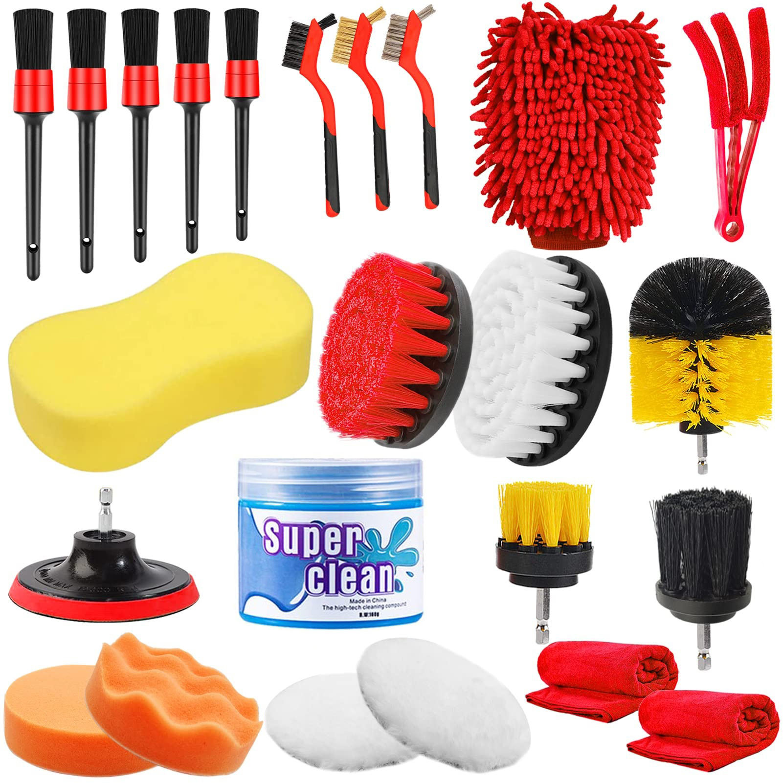 Ferramentas de limpeza de automóveis Conjunto 24 Pcs Autodetail Brush Waxing esponja lavagem interior exterior