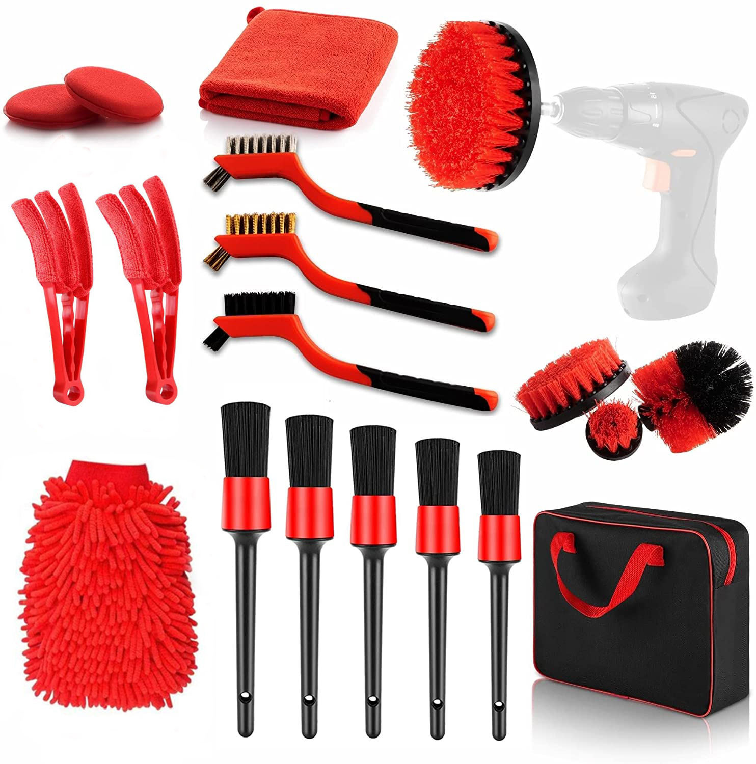 19pcs Set de escovas de detalhes de carro com saco de transporte todo o propósito limpo para limpeza interior, exterior