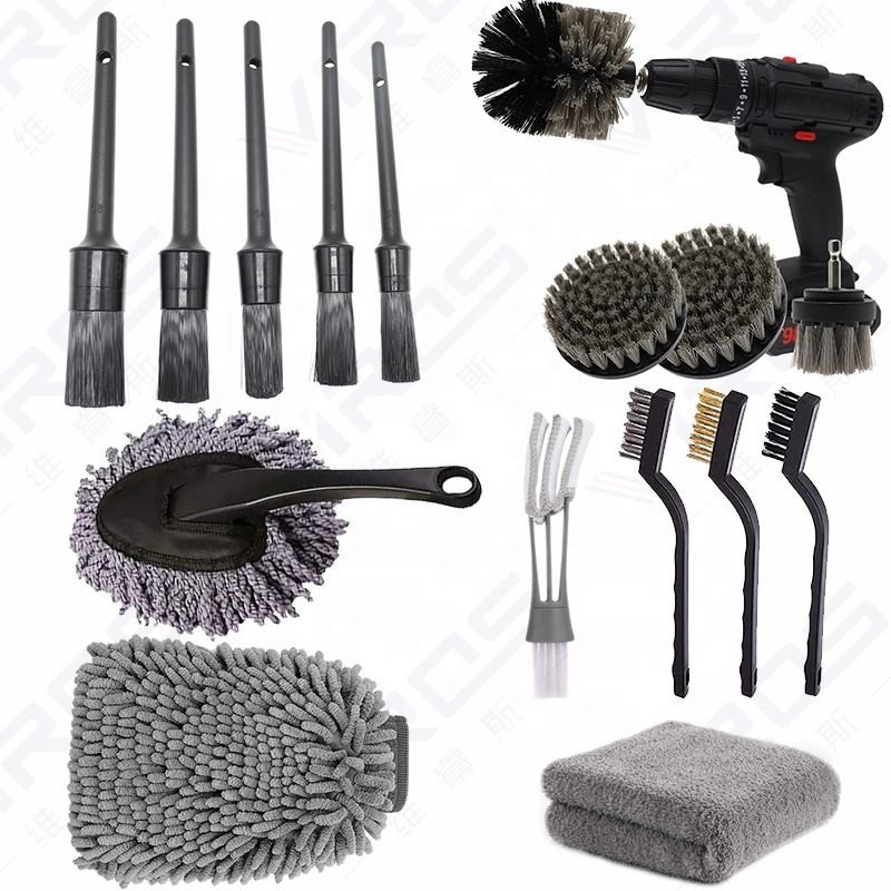 O mais recente conjunto de limpeza de carro cinza 16PCS Ferramentas de limpeza de carro para produtos assistidos pela máquina de lavar carros